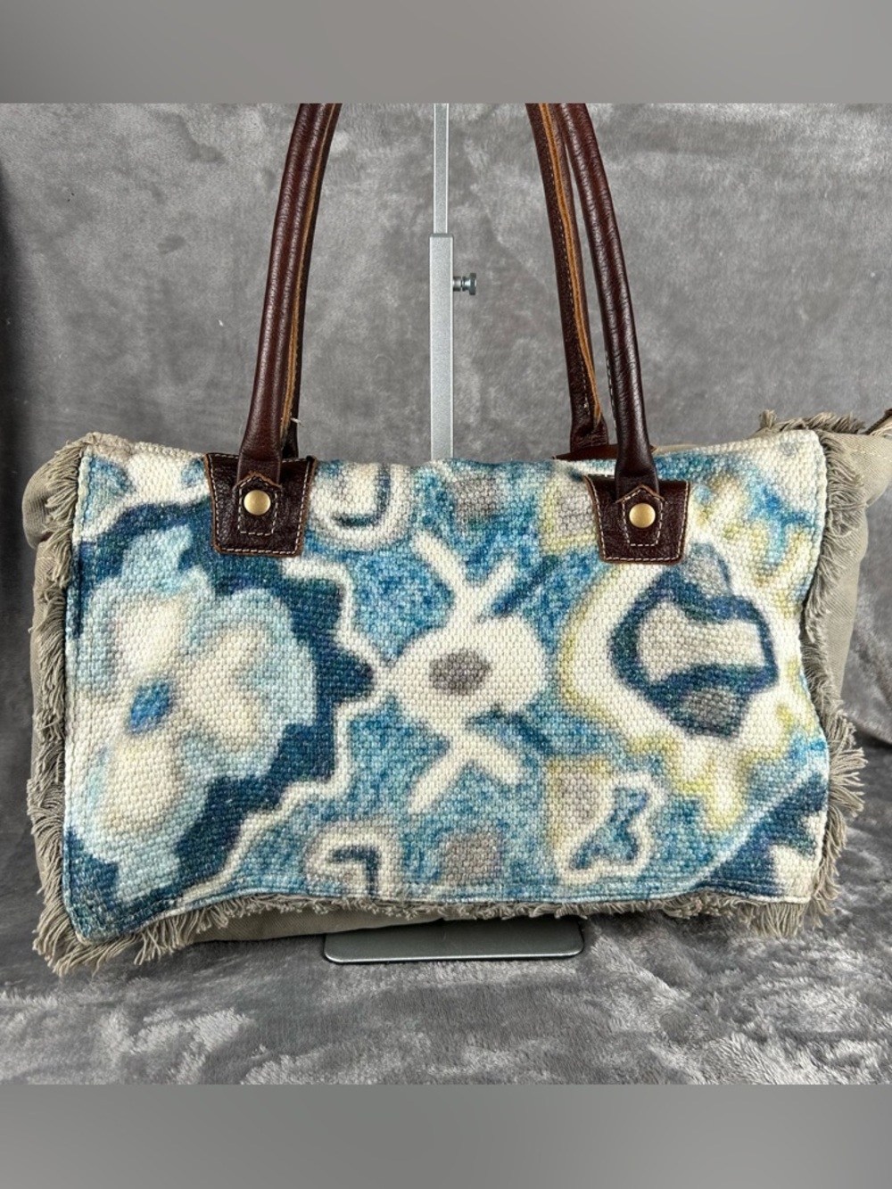 Myra Bag Blue Green Floral Canvas & Leather Large Western Tote Bag Bohemian